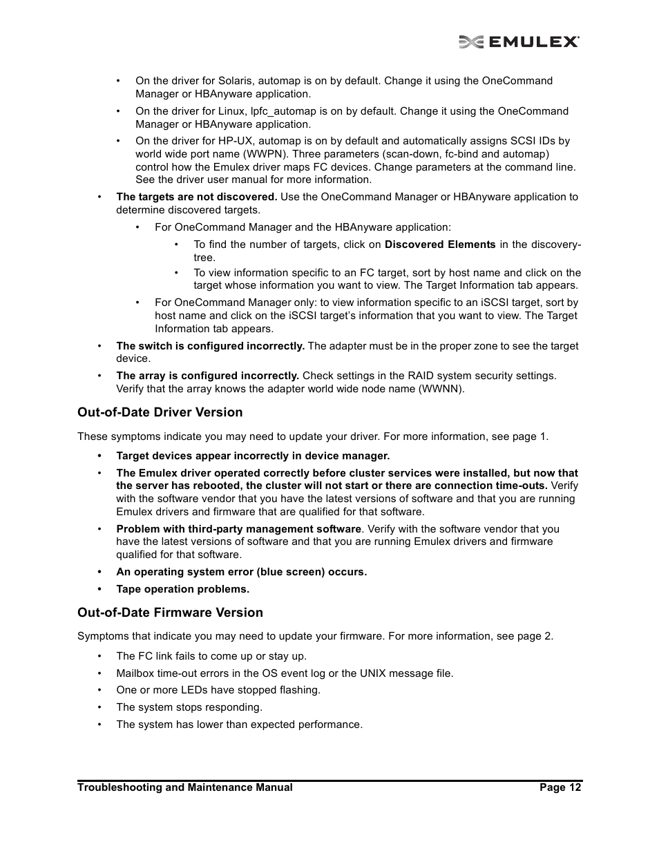 Out-of-date driver version, Out-of-date firmware version | Emulex Adapters User Manual | Page 15 / 24