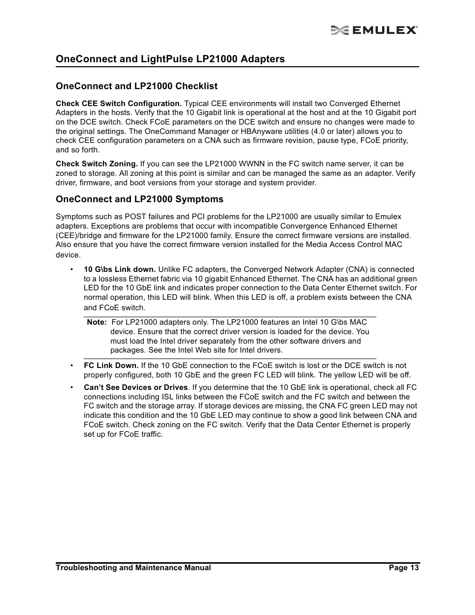 Oneconnect and lightpulse lp21000 adapters, Oneconnect and lp21000 checklist, Oneconnect and lp21000 symptoms | Oneconnect and lightpulse lp21000 adapters 13 | Emulex Adapters User Manual | Page 16 / 24