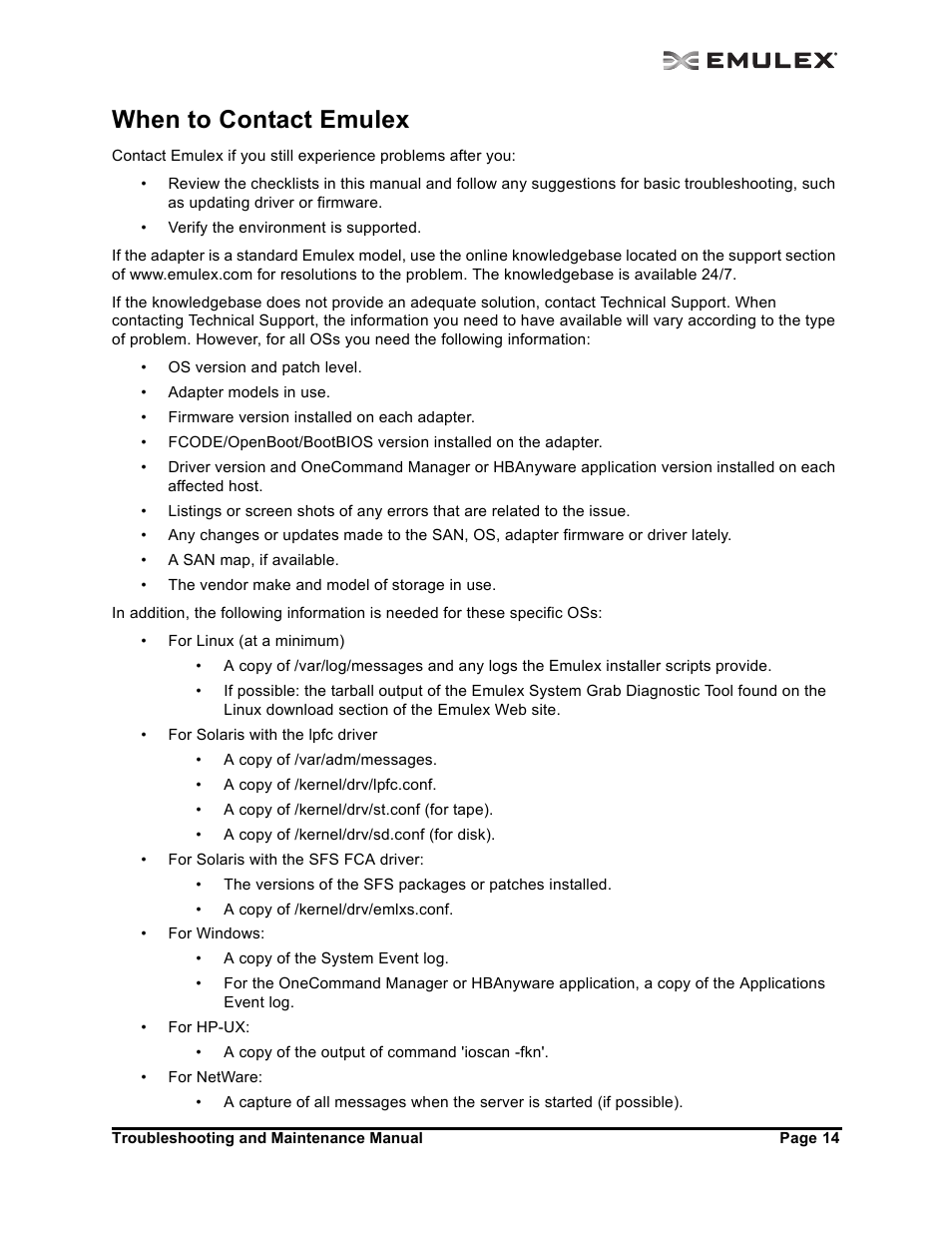 When to contact emulex | Emulex Adapters User Manual | Page 17 / 24