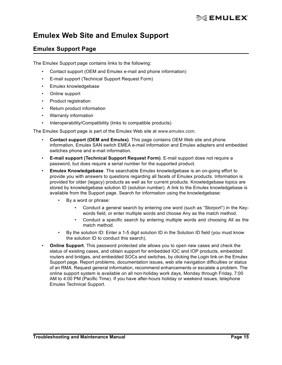 Emulex web site and emulex support, Emulex support page | Emulex Adapters User Manual | Page 18 / 24