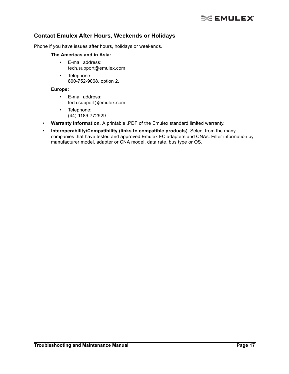 Contact emulex after hours, weekends or holidays | Emulex Adapters User Manual | Page 20 / 24