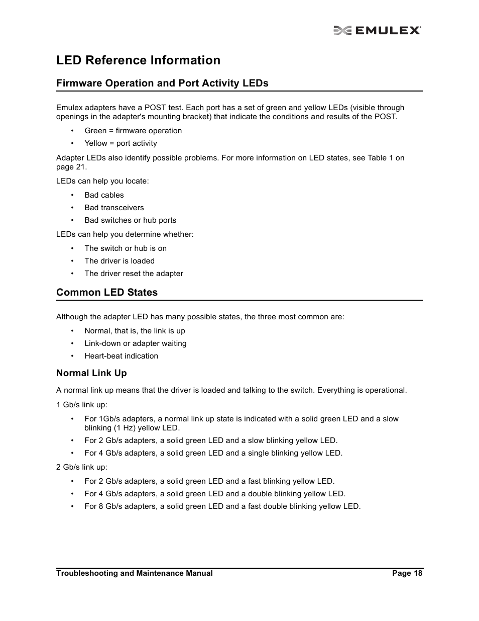 Led reference information, Firmware operation and port activity leds, Common led states | Normal link up | Emulex Adapters User Manual | Page 21 / 24