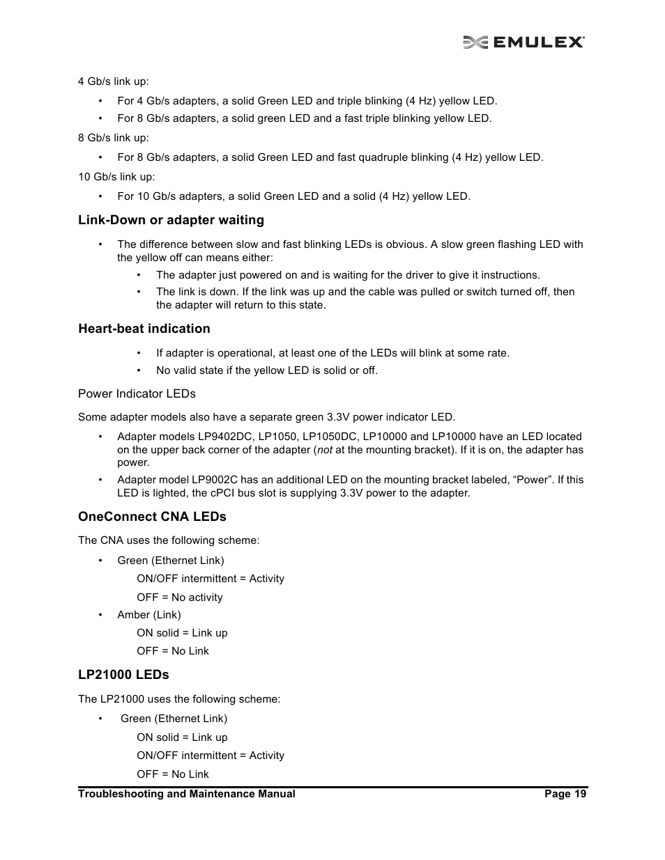Link-down or adapter waiting, Heart-beat indication, Oneconnect cna leds | Lp21000 leds | Emulex Adapters User Manual | Page 22 / 24