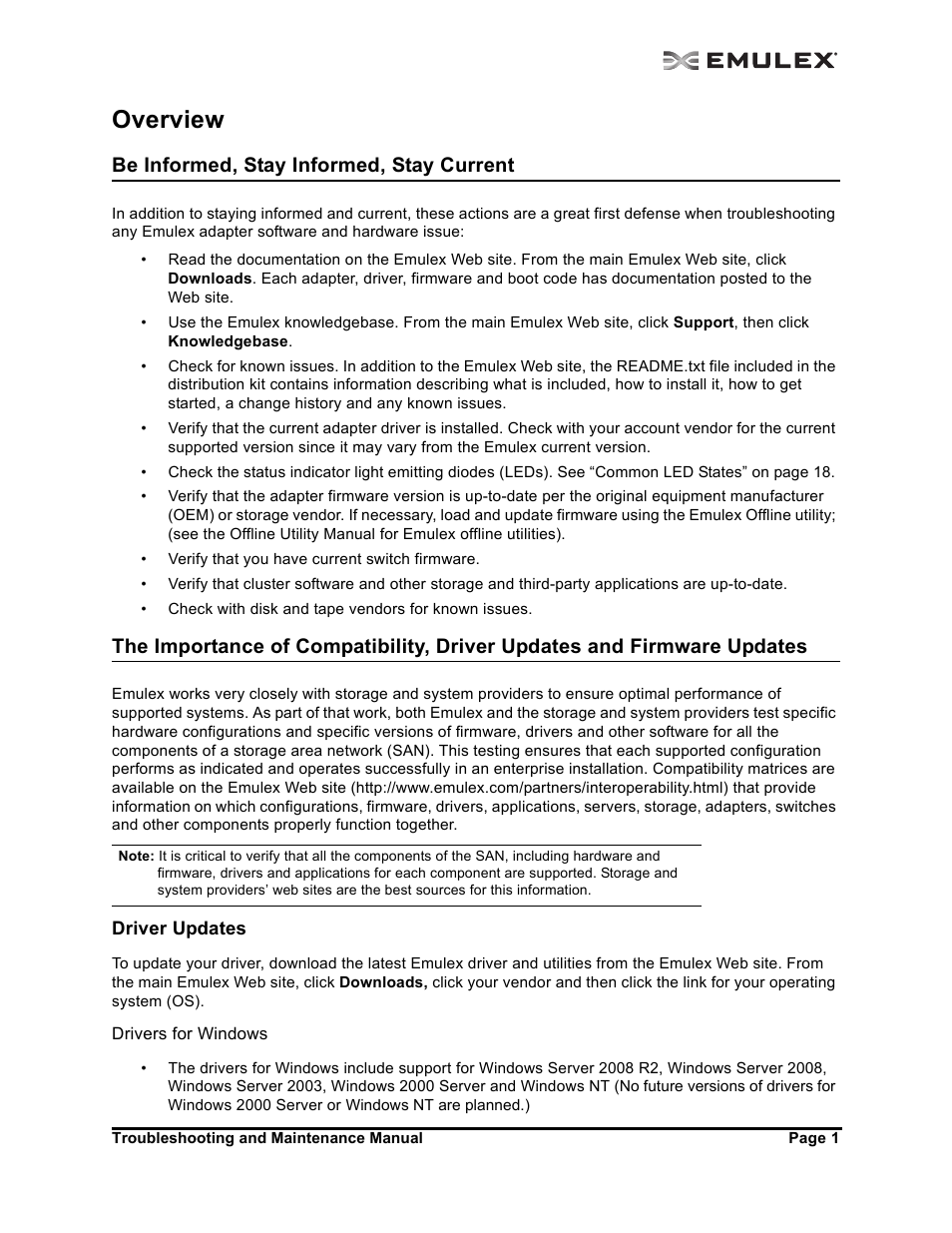 Overview, Be informed, stay informed, stay current, Driver updates | Emulex Adapters User Manual | Page 4 / 24