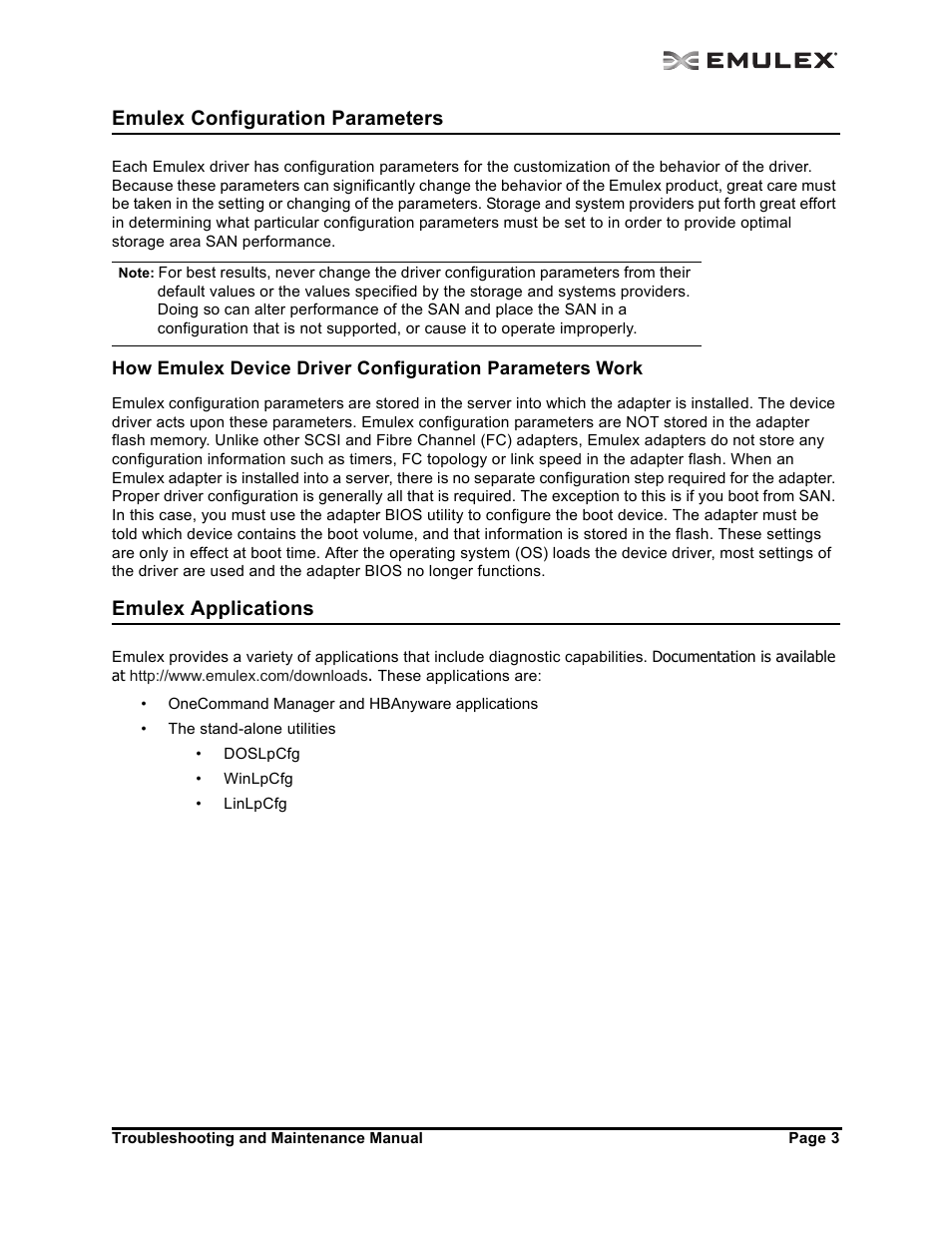 Emulex configuration parameters, Emulex applications, Emulex configuration parameters 3 | Emulex applications 3 | Emulex Adapters User Manual | Page 6 / 24