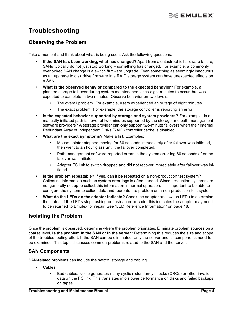 Troubleshooting, Observing the problem, Isolating the problem | San components, Observing the problem 4 isolating the problem 4 | Emulex Adapters User Manual | Page 7 / 24