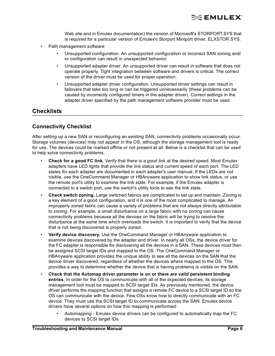 Checklists, Connectivity checklist, Checklists 6 | Emulex Adapters User Manual | Page 9 / 24