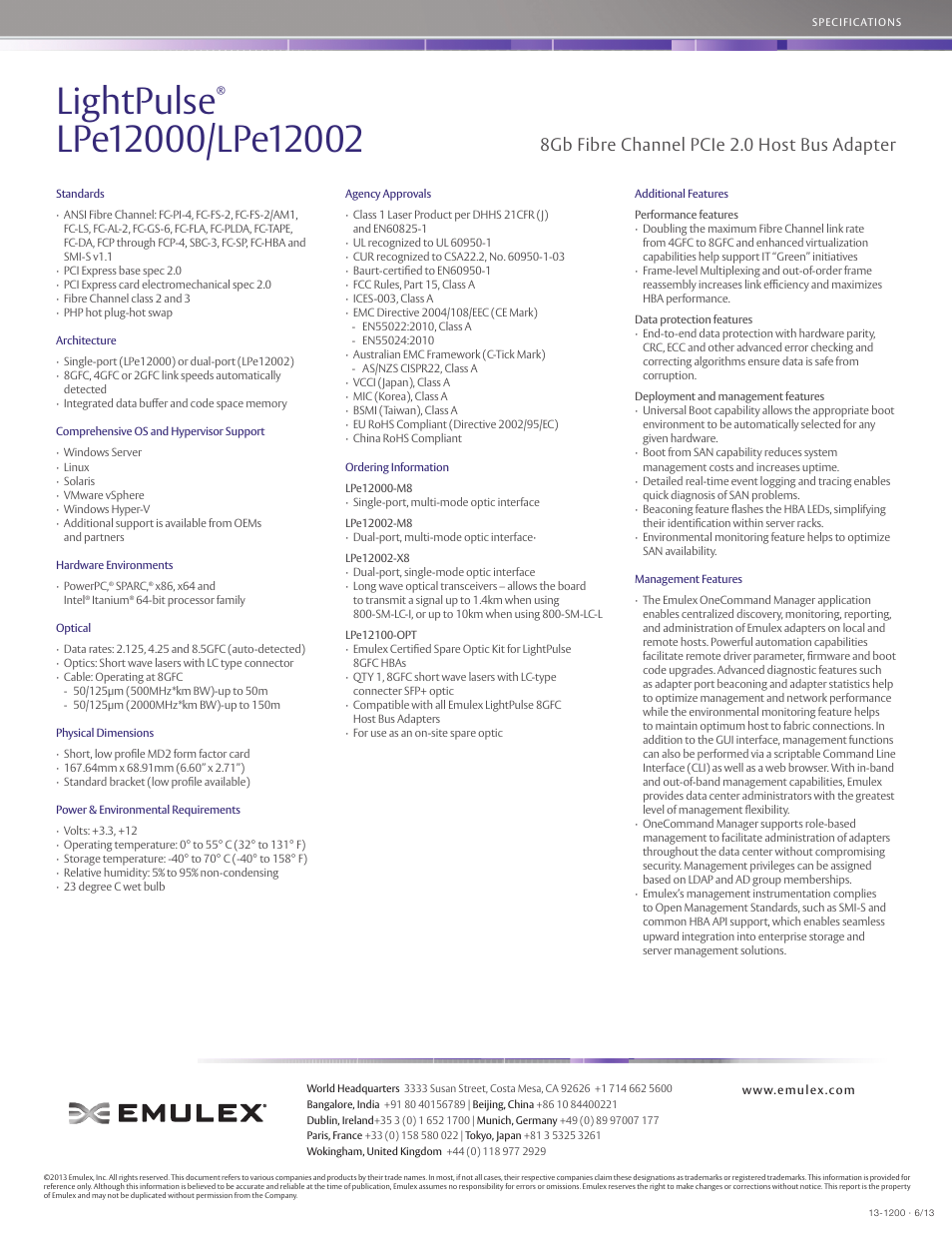 Lightpulse, 8gb fibre channel pcie 2.0 host bus adapter | Emulex LightPulse LP10000ExDC-E User Manual | Page 2 / 2