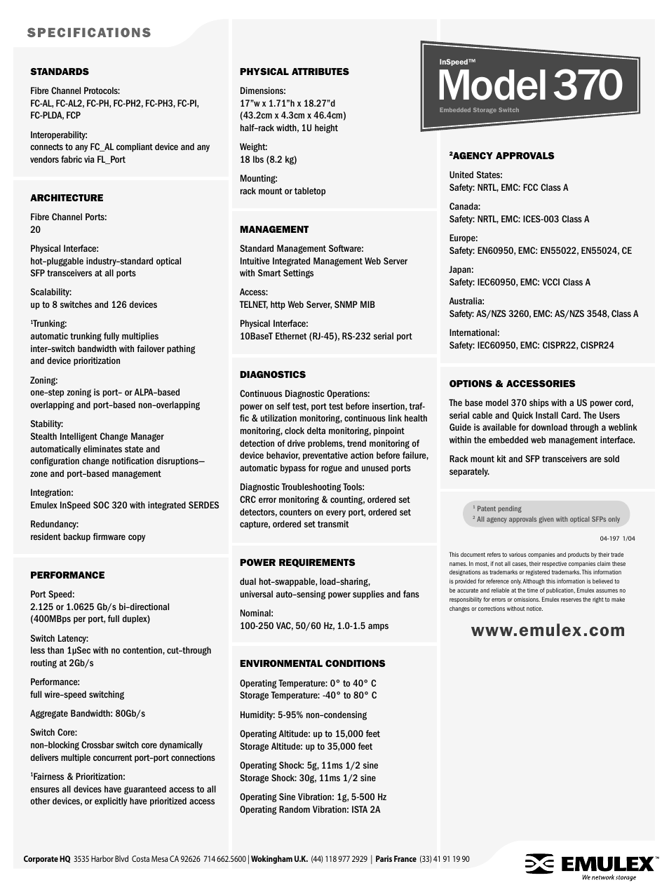 Model 370, Specifications | Emulex 370 User Manual | Page 6 / 6