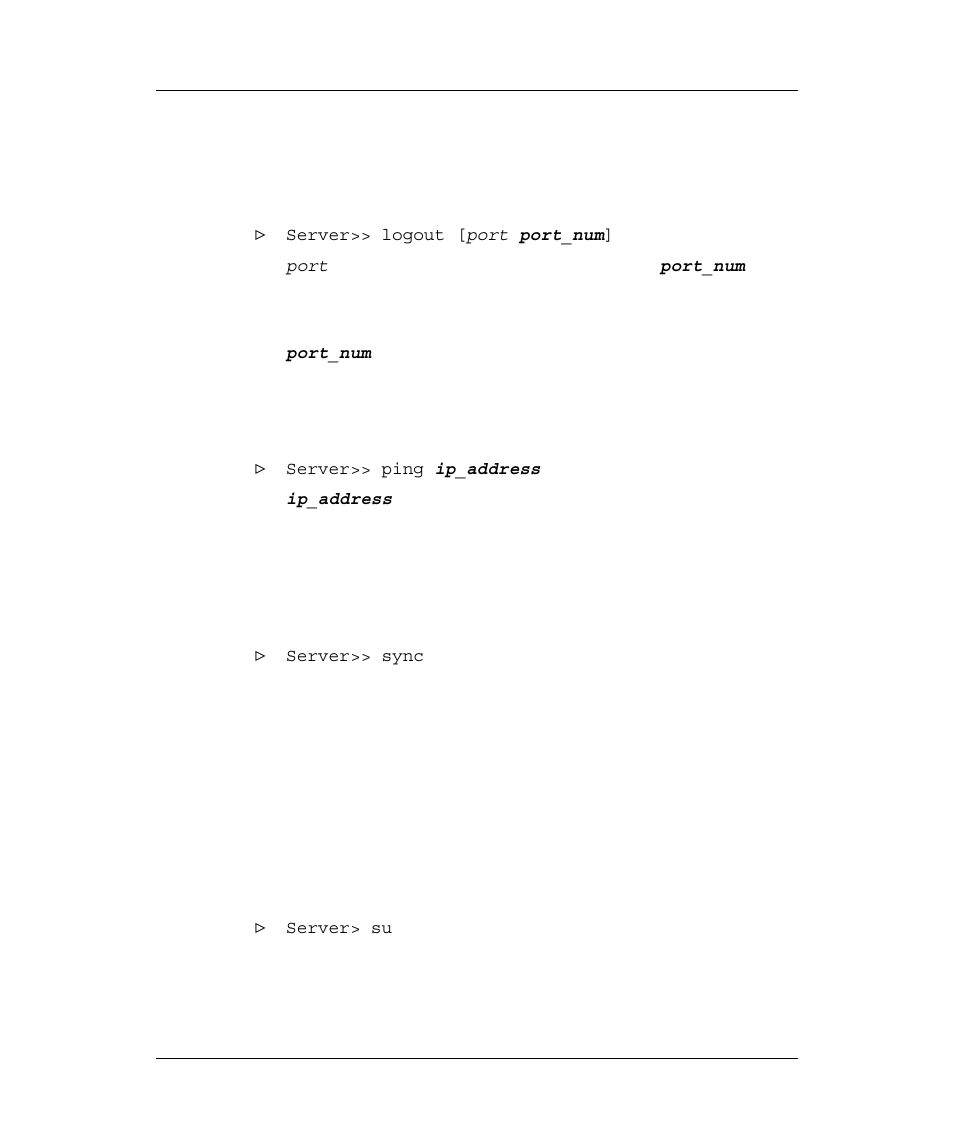 Logout, Check ip address - ping, Update memory - sync | Passwords, Privileged access, Ogout, Heck, Ddress, Pdate, Emory | Emulex Printer Server User Manual | Page 18 / 51