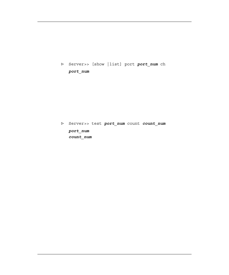 Port commands, Show port characteristics, Test port | Haracteristics | Emulex Printer Server User Manual | Page 23 / 51