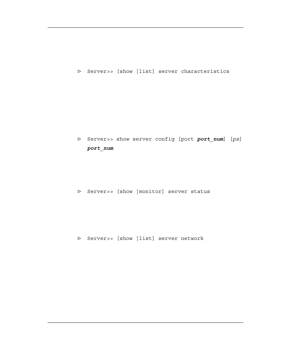 Show server characteristics, Show server configuration, Show server status | Display network characteristics, Erver, Haracteristics, Onfiguration, Tatus, Isplay, Etwork | Emulex Printer Server User Manual | Page 28 / 51