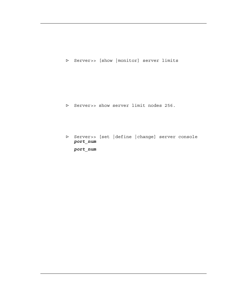 Show server limits, Set console terminal port, Erver | Imits, Onsole, Erminal | Emulex Printer Server User Manual | Page 29 / 51