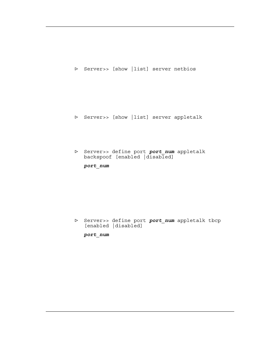 Show netbios characteristics, Appletalk, Show server appletalk | Appletalk backspoofing, Define tbcp - appletalk, Haracteristics, Pple, Erver, Ackspoofing, Efine | Emulex Printer Server User Manual | Page 33 / 51