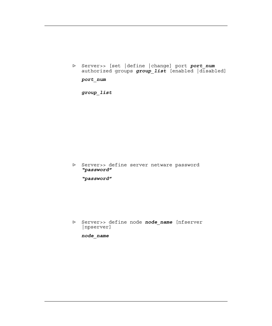 Change authorized groups, Netware commands, Define password | Define netware node, Hange, Uthorized, Roups, Ommands, Efine, Assword | Emulex Printer Server User Manual | Page 37 / 51