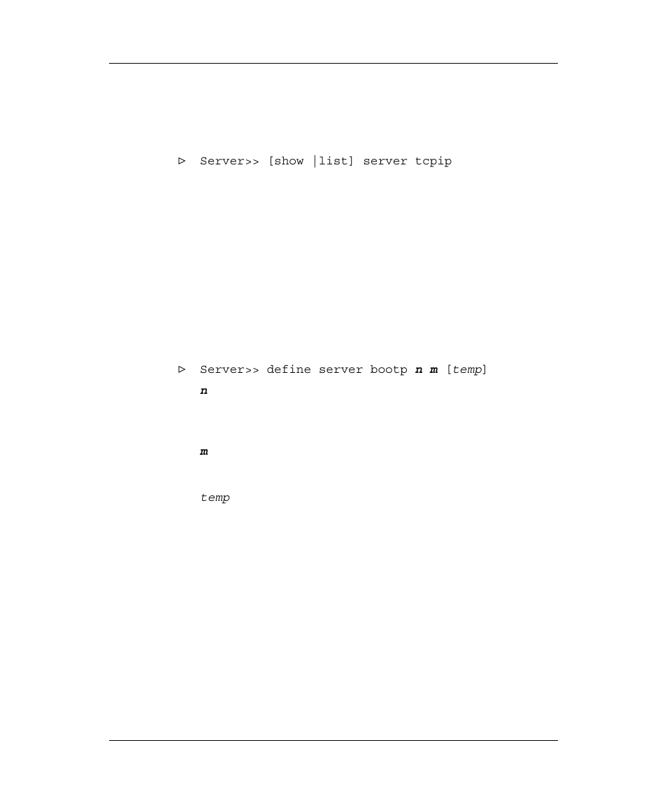 Show tcp/ip characteristics, Bootp, dhcp and rarp parameters, Define bootp parameters | Tcp/ip, Haracteristics, Dhcp, Rarp, Arameters, Efine | Emulex Printer Server User Manual | Page 44 / 51