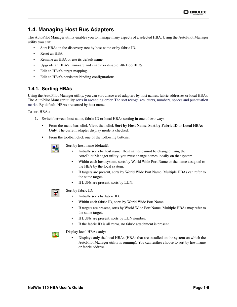 Managing host bus adapters, Sorting hbas, Managing host bus adapters -6 | Sorting hbas -6 | Emulex 110 User Manual | Page 11 / 37