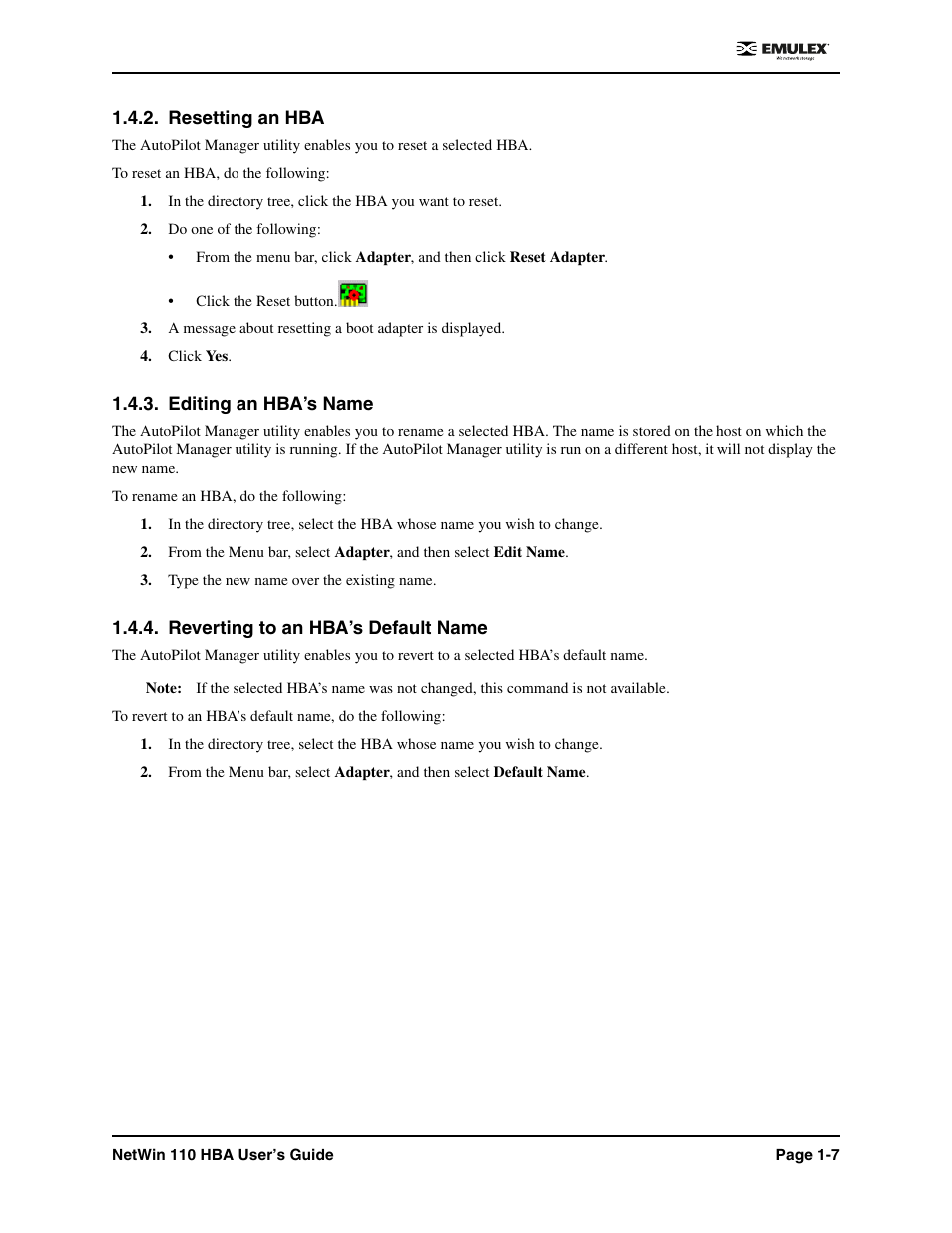 Resetting an hba, Editing an hba’s name, Reverting to an hba’s default name | Emulex 110 User Manual | Page 12 / 37
