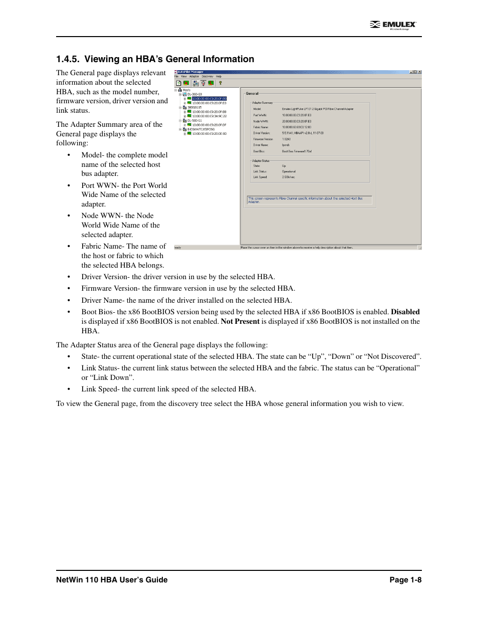 Viewing an hba’s general information, Viewing an hba’s general information -8 | Emulex 110 User Manual | Page 13 / 37