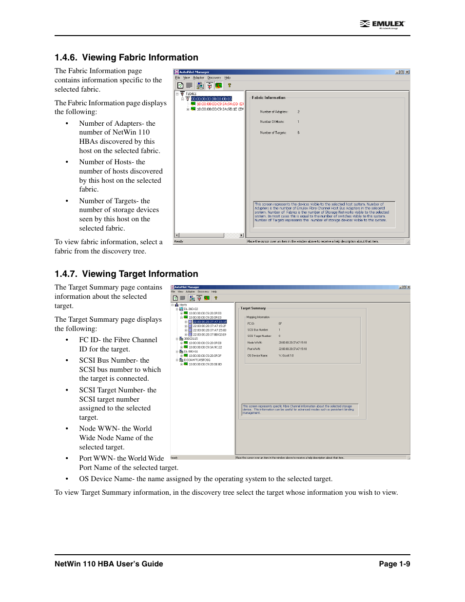 Viewing fabric information, Viewing target information | Emulex 110 User Manual | Page 14 / 37