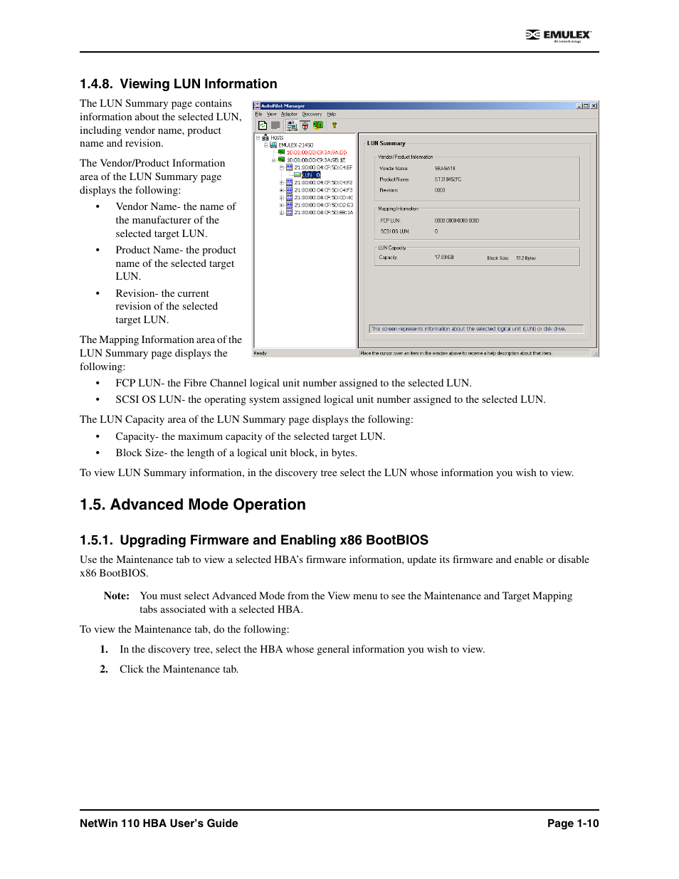 Viewing lun information, Advanced mode operation, Upgrading firmware and enabling x86 bootbios | Viewing lun information -10, Advanced mode operation -10, Upgrading firmware and enabling x86 bootbios -10 | Emulex 110 User Manual | Page 15 / 37