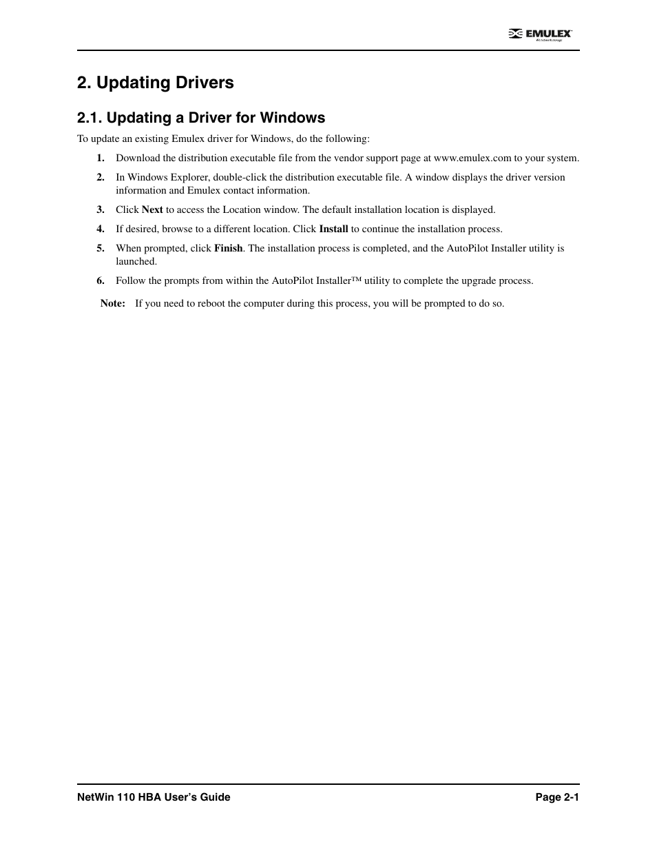 Updating drivers, Updating a driver for windows, Updating drivers -1 | Updating a driver for windows -1 | Emulex 110 User Manual | Page 19 / 37