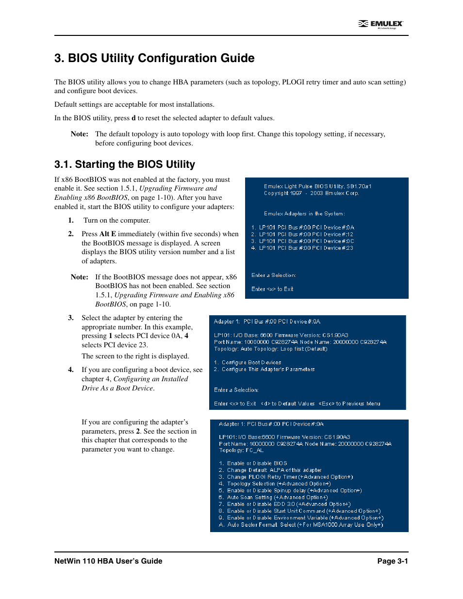 Bios utility configuration guide, Starting the bios utility, Bios utility configuration guide -1 | Starting the bios utility -1 | Emulex 110 User Manual | Page 20 / 37