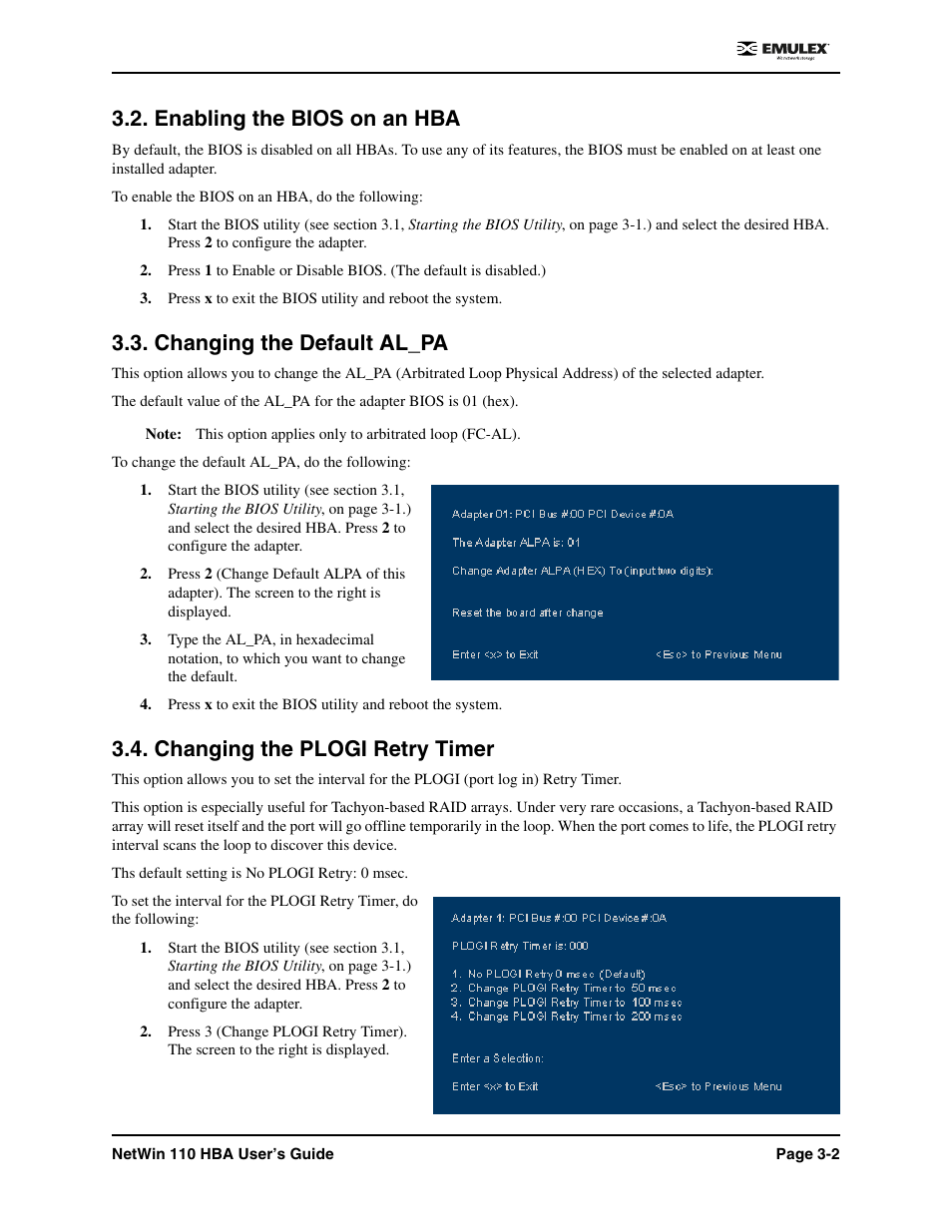 Enabling the bios on an hba, Changing the default al_pa, Changing the plogi retry timer | Emulex 110 User Manual | Page 21 / 37