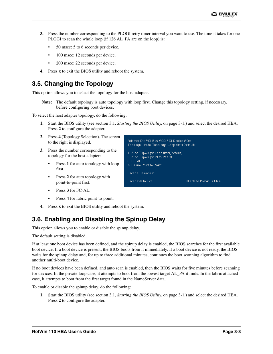 Changing the topology, Enabling and disabling the spinup delay | Emulex 110 User Manual | Page 22 / 37