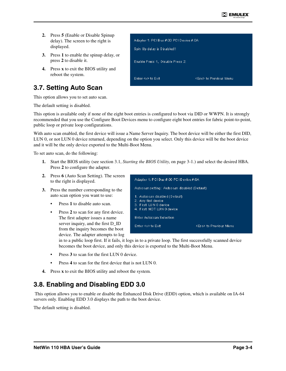 Setting auto scan, Enabling and disabling edd 3.0 | Emulex 110 User Manual | Page 23 / 37