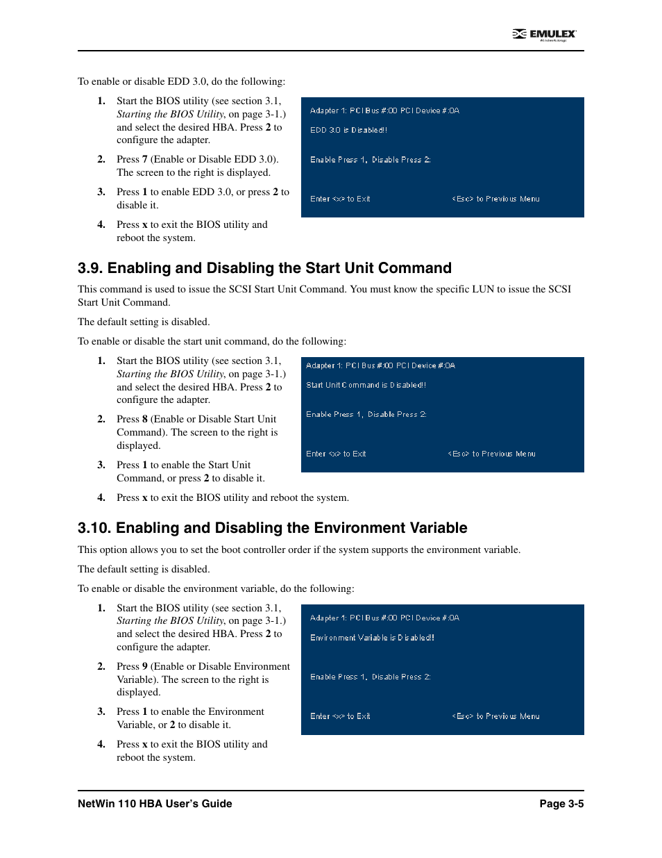 Enabling and disabling the start unit command, Enabling and disabling the environment variable | Emulex 110 User Manual | Page 24 / 37