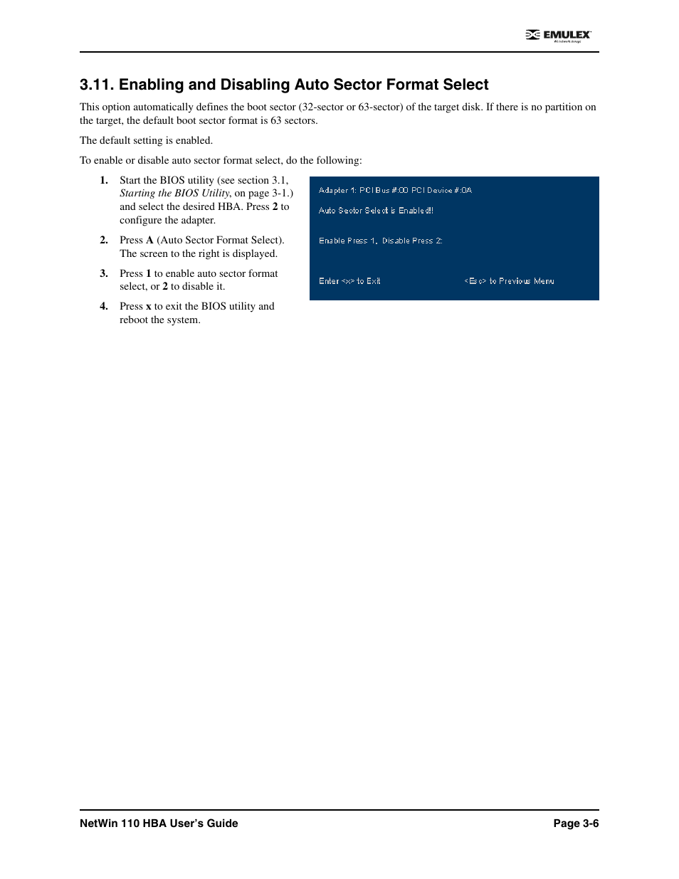 Enabling and disabling auto sector format select | Emulex 110 User Manual | Page 25 / 37