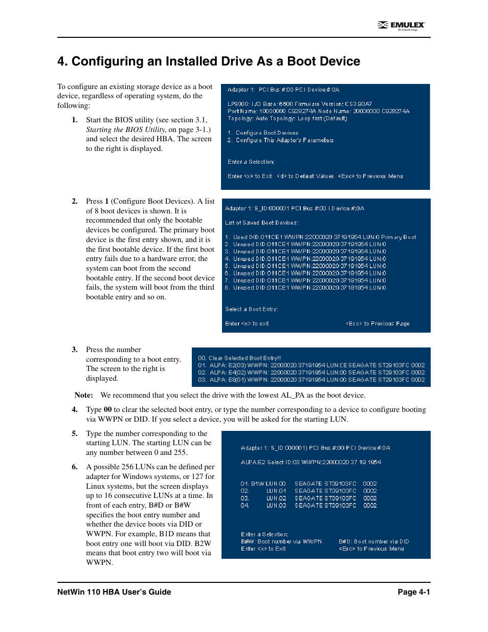 Configuring an installed drive as a boot device, Configuring an installed drive as a boot device -1 | Emulex 110 User Manual | Page 26 / 37