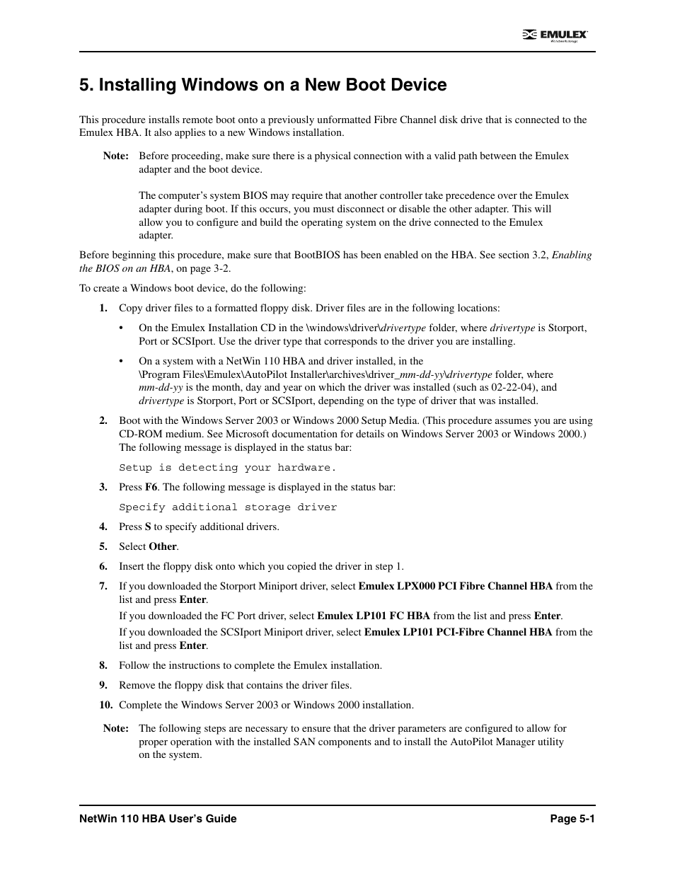 Installing windows on a new boot device, Installing windows on a new boot device -1 | Emulex 110 User Manual | Page 28 / 37
