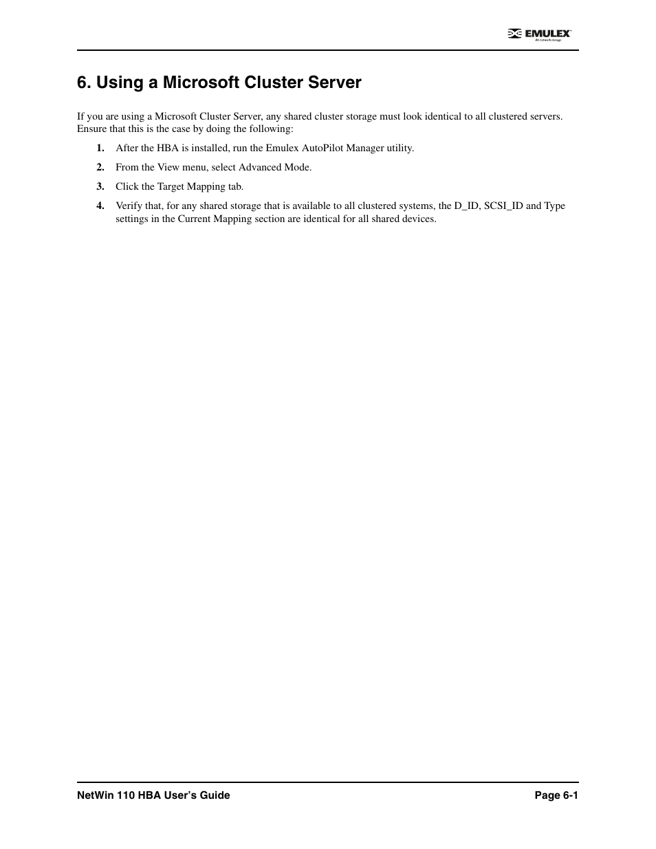 Using a microsoft cluster server, Using a microsoft cluster server -1 | Emulex 110 User Manual | Page 30 / 37