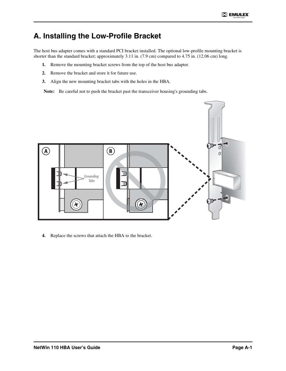 A. installing the low-profile bracket | Emulex 110 User Manual | Page 31 / 37
