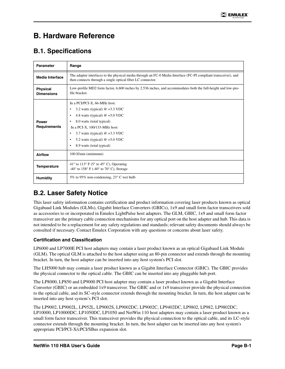 B. hardware reference, B.1. specifications, B.2. laser safety notice | B.1. specifications b.2. laser safety notice | Emulex 110 User Manual | Page 32 / 37