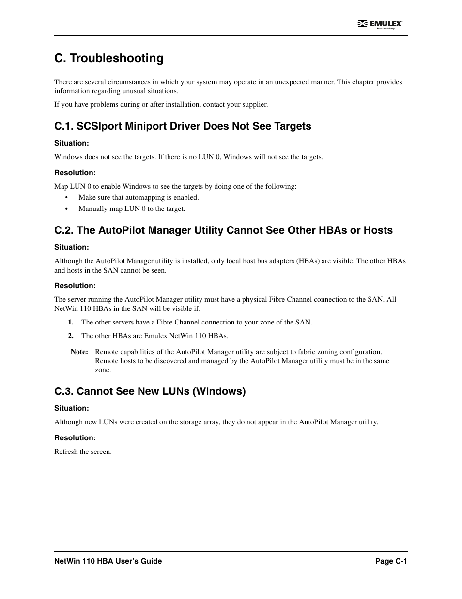 C. troubleshooting, C.1. scsiport miniport driver does not see targets, C.3. cannot see new luns (windows) | Emulex 110 User Manual | Page 36 / 37