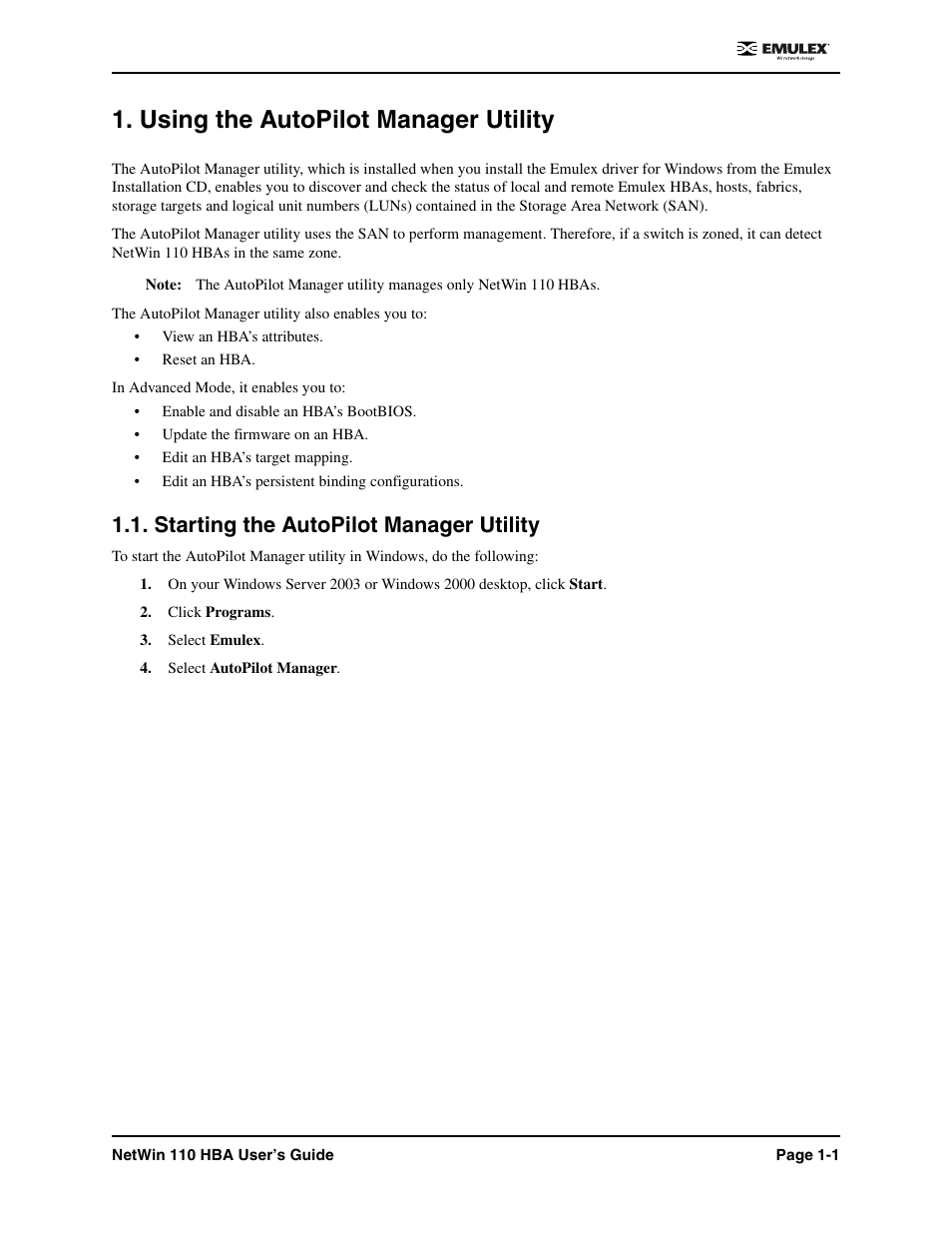 Using the autopilot manager utility, Starting the autopilot manager utility, Using the autopilot manager utility -1 | Starting the autopilot manager utility -1 | Emulex 110 User Manual | Page 6 / 37