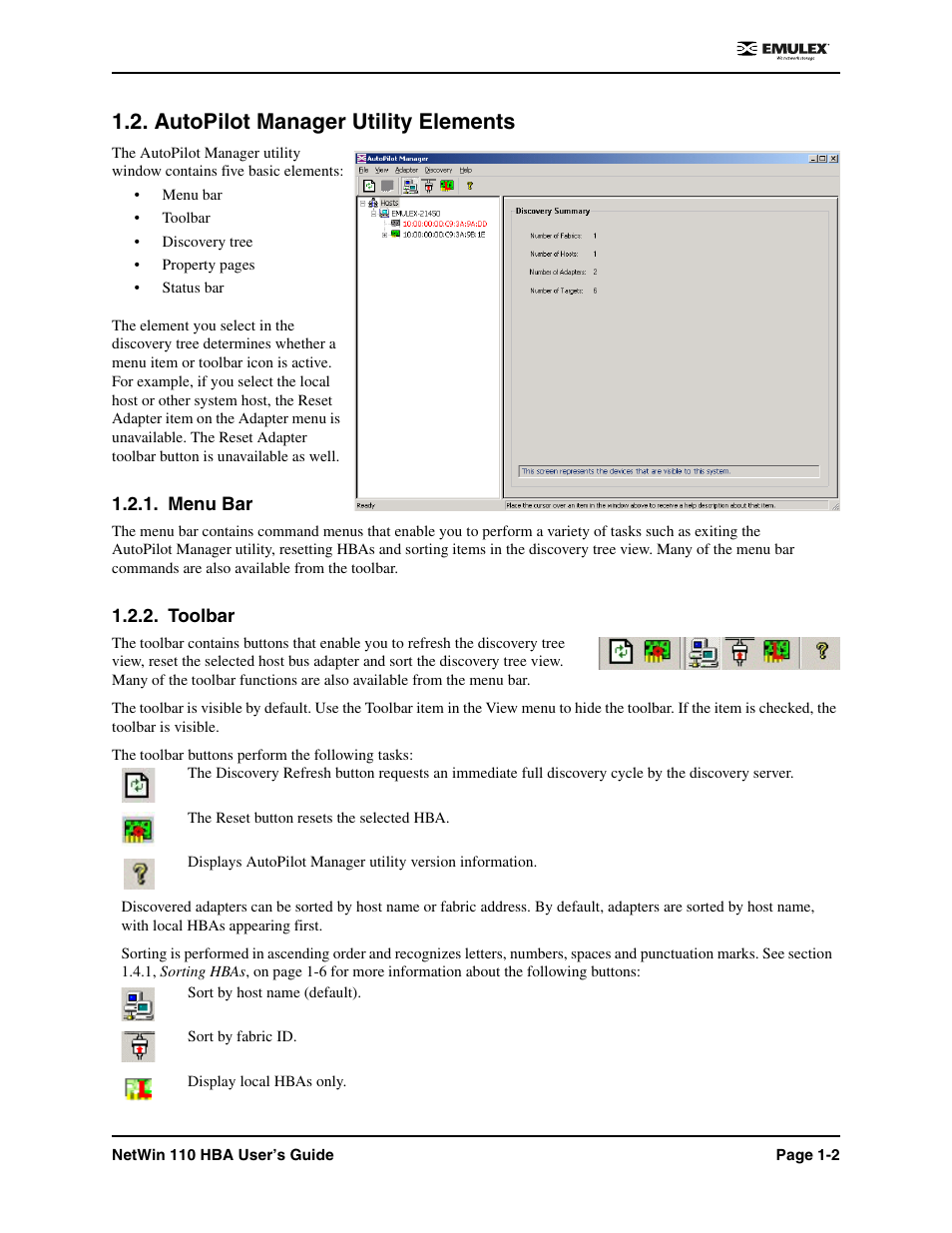 Autopilot manager utility elements, Menu bar, Toolbar | Menu bar -2 1.2.2. toolbar -2 | Emulex 110 User Manual | Page 7 / 37