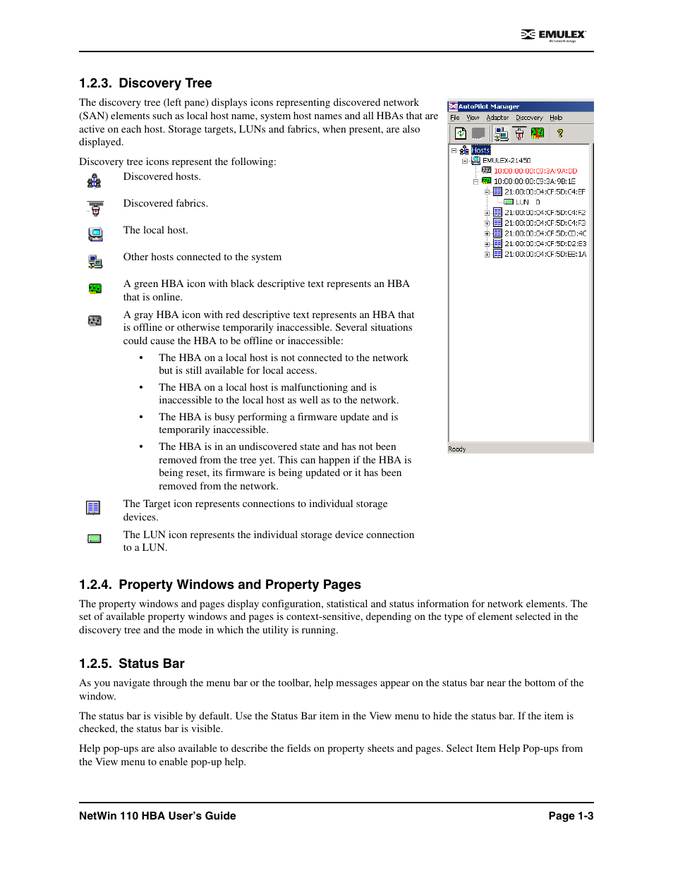Discovery tree, Status bar | Emulex 110 User Manual | Page 8 / 37