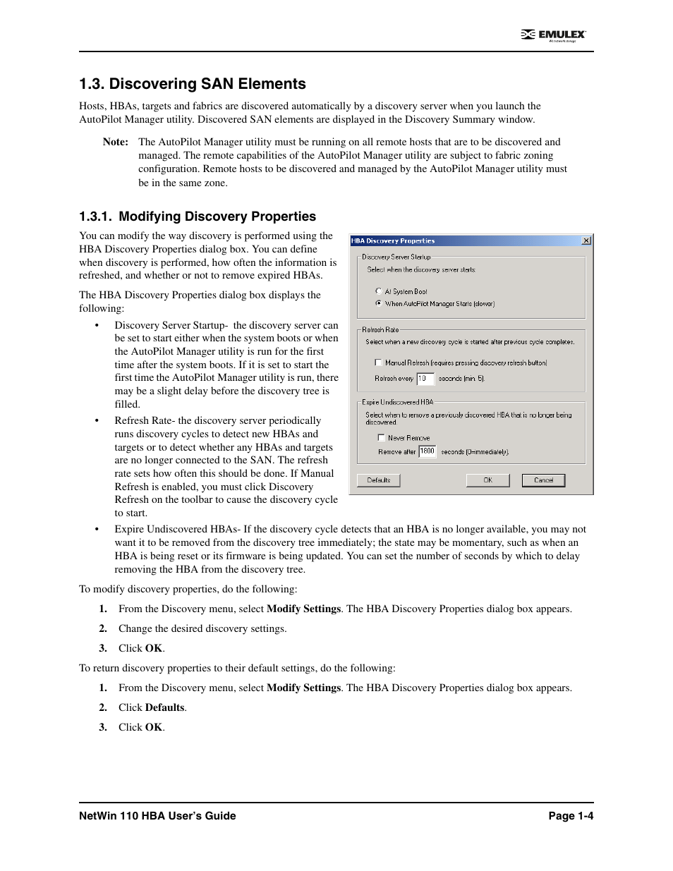 Discovering san elements, Modifying discovery properties, Discovering san elements -4 | Modifying discovery properties -4 | Emulex 110 User Manual | Page 9 / 37