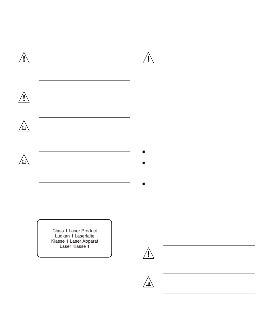 Conformité aux normes de sécurité, Rack system warning, Laser compliance notice | Cd and dvd devices, Mesures de sécurité, Symboles | Emulex StorageTek 4 Gb FC Host Bus User Manual | Page 35 / 43