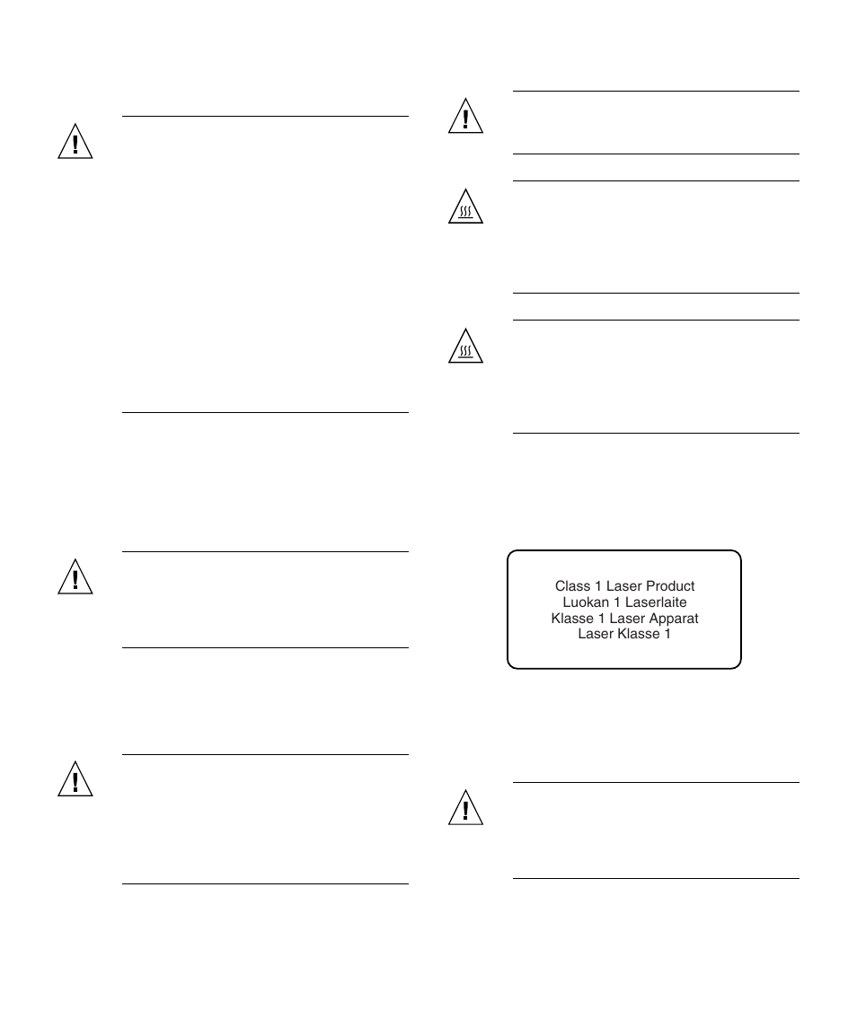 Mise en garde relative aux batteries, Couvercle de l'unité, Mise en garde relative au système en rack | Avis de conformité des appareils laser, Périphériques cd et dvd | Emulex StorageTek 4 Gb FC Host Bus User Manual | Page 37 / 43