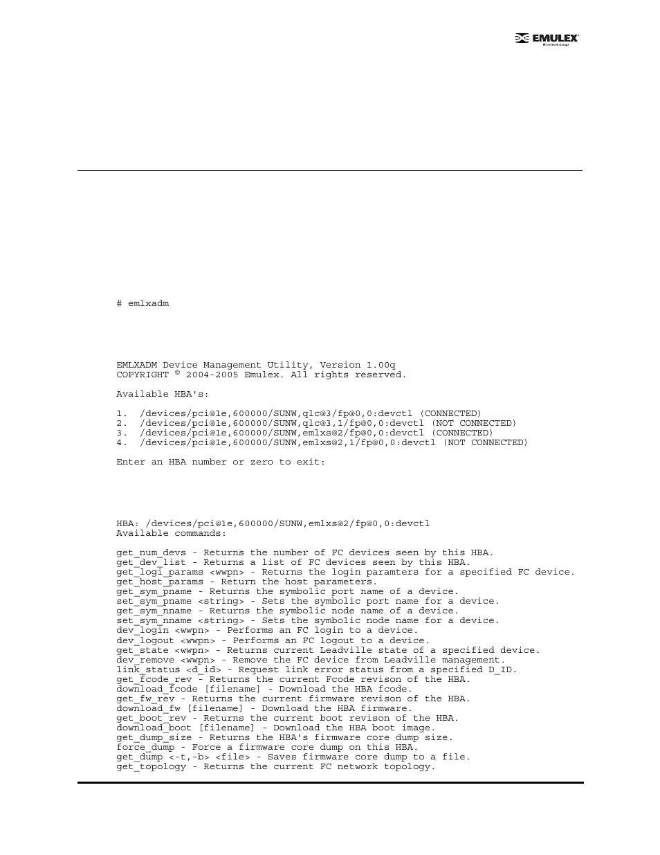 Using the emlxadm utility, Modes of operation (emlxadm), Interactive mode (emlxadm) | Emulex EMULEX User Manual | Page 11 / 36