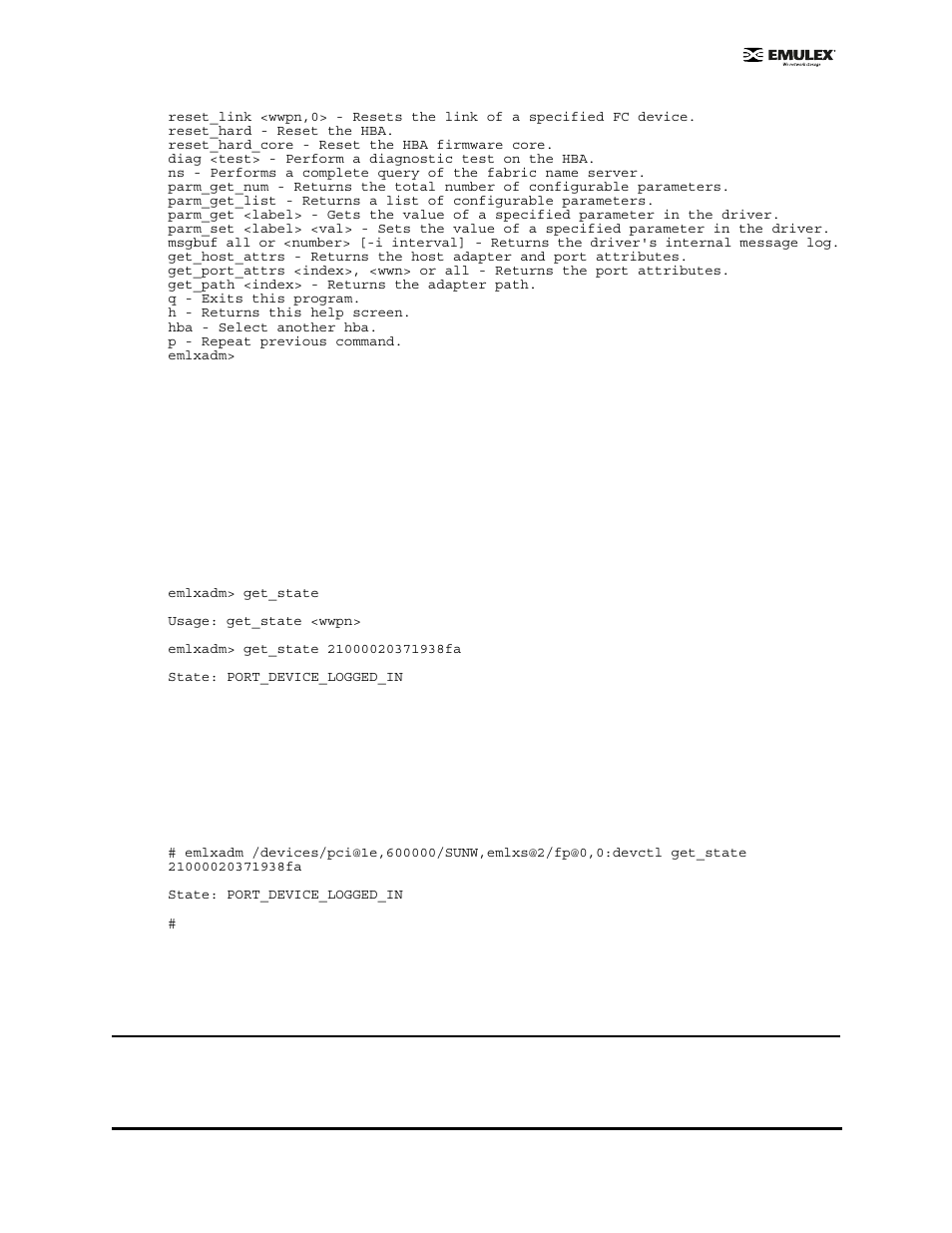 Cli mode (emlxadm), Command descriptions (emlxadm), Command descriptions | Emulex EMULEX User Manual | Page 12 / 36