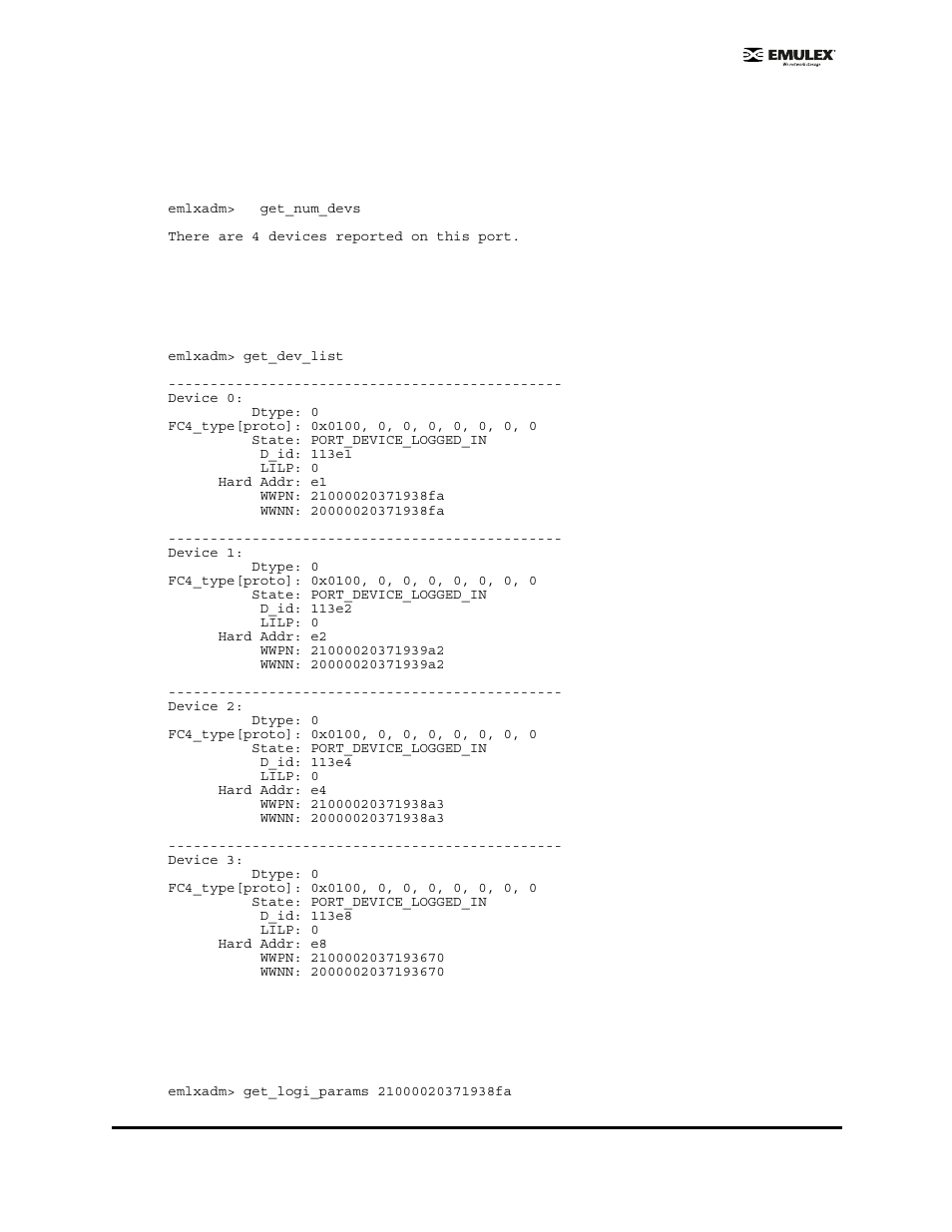 Get_num_devs, Get_dev_list, Get_logi_params <wwpn | Get_num_devs get_dev_list get_logi_params <wwpn | Emulex EMULEX User Manual | Page 13 / 36