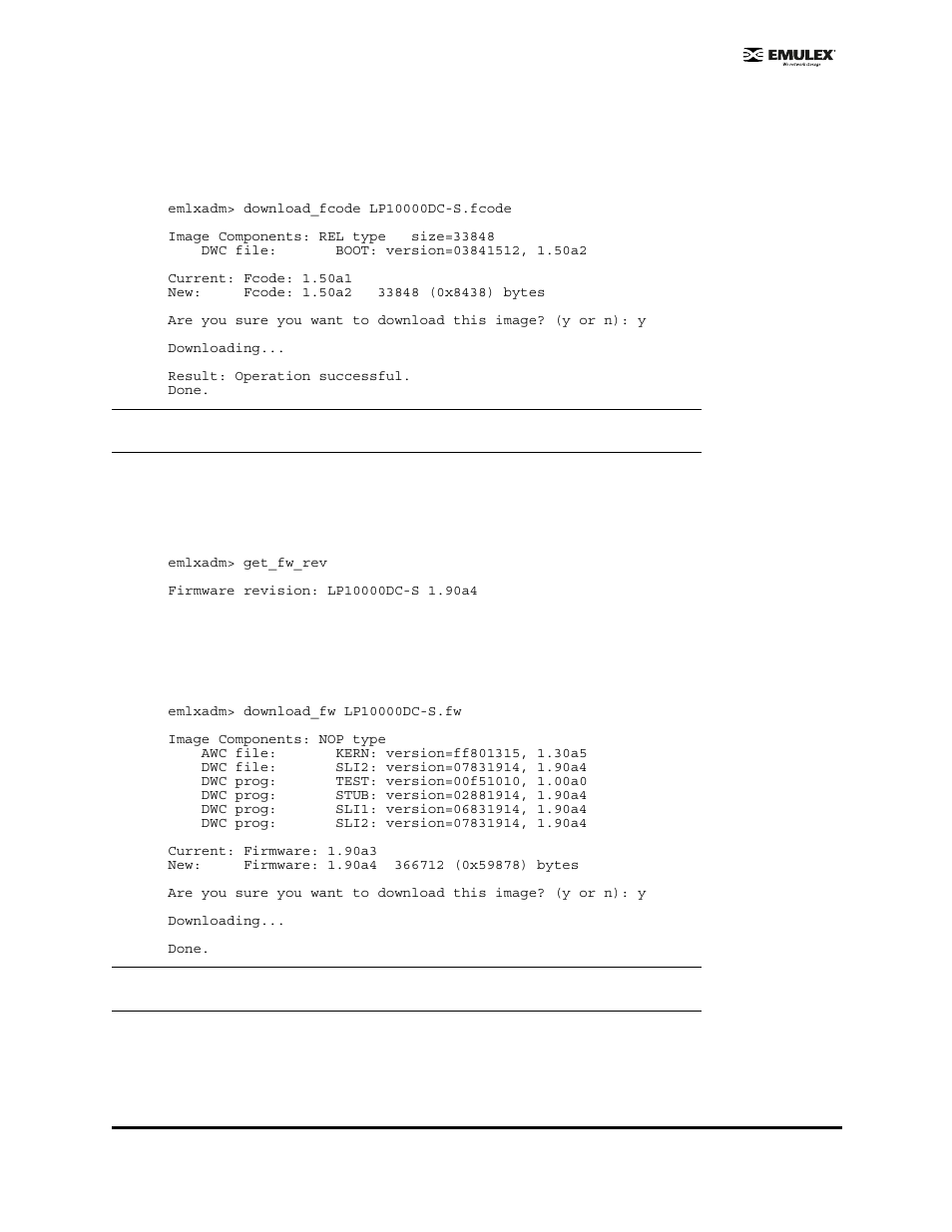 Download_fcode <filename, Get_fw_rev, Download_fw <filename | Get_boot_rev | Emulex EMULEX User Manual | Page 17 / 36