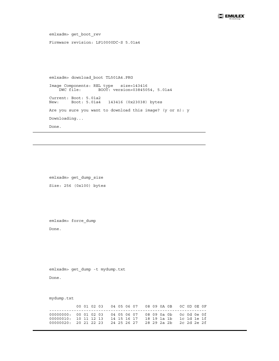 Download_boot <filename, Get_dump_size, Force_dump | Get_dump <-t filename.txt or -b filename.bin | Emulex EMULEX User Manual | Page 18 / 36