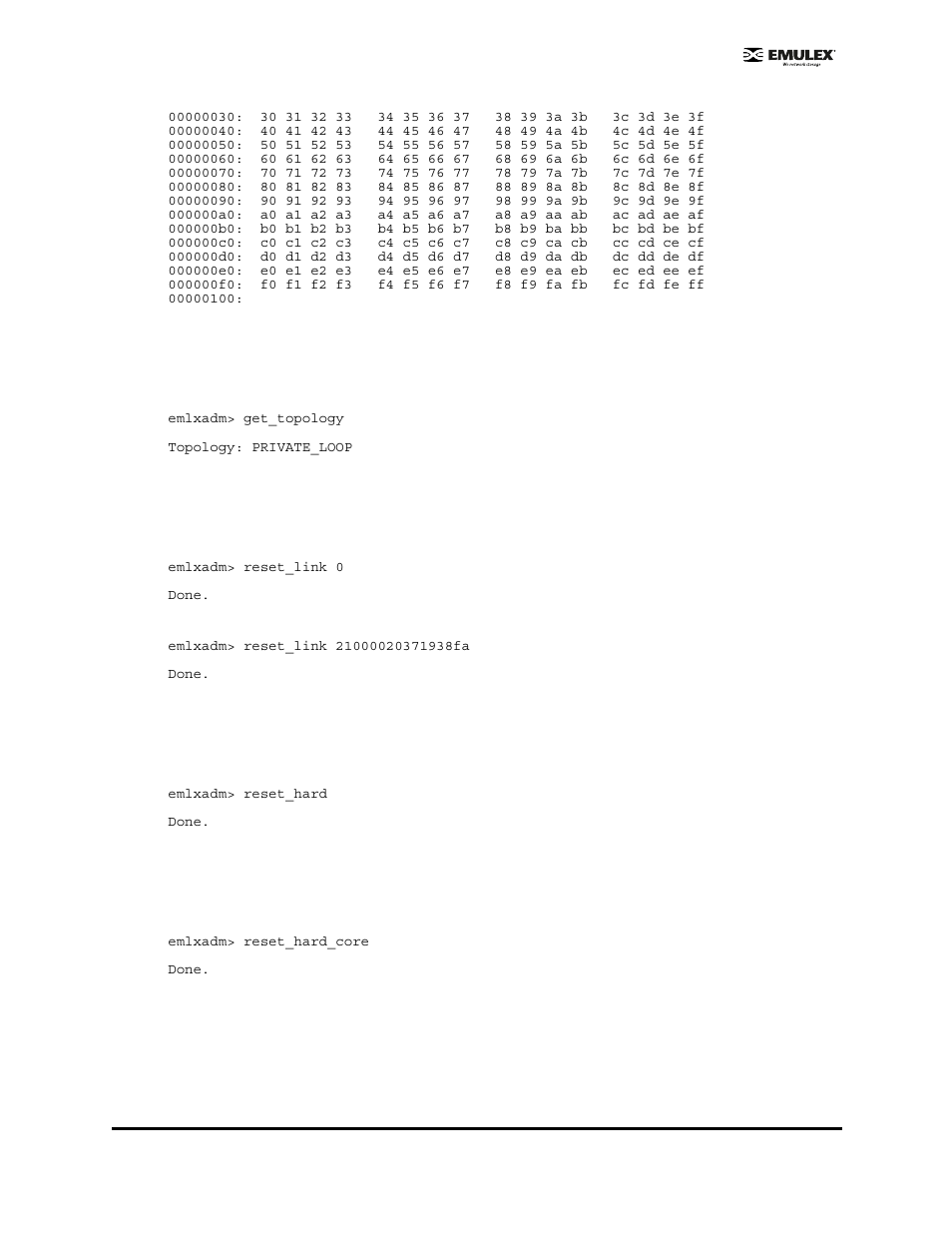 Get_topology, Reset_link <wwpn or zero for local link, Reset_hard | Reset_hard_core | Emulex EMULEX User Manual | Page 19 / 36